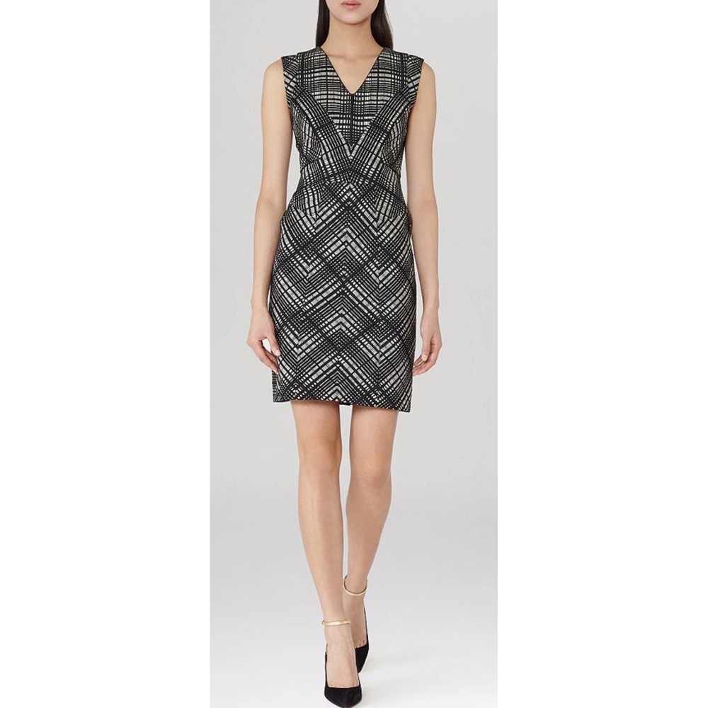 NWT Reiss Nadine Woven Check Black‎ White Sheath Dress Sz 8 $320